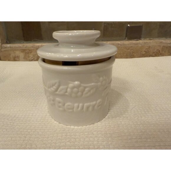 NWOB French Country White Ceramic Butter Keeper With Lid & Floral Design - Picture 1 of 8